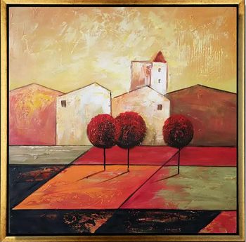 Edge of City - Abstrakt Handgemaltes Ölgemälde mit goldenem Rahmen