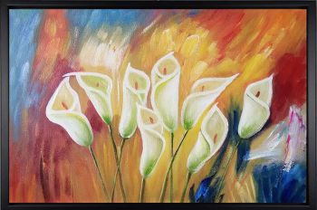 White Lilies - Natur-Schönheiten Handgemaltes Ölgemälde mit schwarzem Rahmen