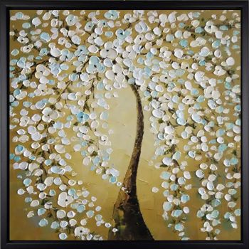 Silver Blossoms - Natur-Schönheiten Handgemaltes Ölgemälde mit schwarzem Rahmen