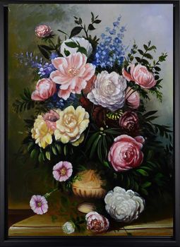 Vase Bouquet 1 - Natur-Schönheiten Handgemaltes Ölgemälde mit schwarzem Rahmen