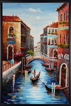 Venice Gondola 1 - Landschaften Handgemaltes Ölgemälde mit schwarzem Rahmen
