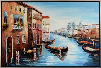 Venice Gondola 2 - Landschaften Handgemaltes Ölgemälde mit silbernem Rahmen