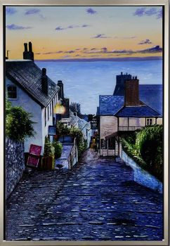 Sunset in Village - Landschaften Handgemaltes Ölgemälde mit silbernem Rahmen