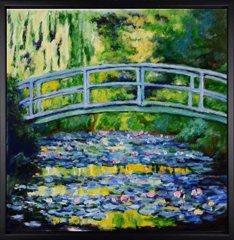 Bridge over flowered Waters - Landschaften Handgemaltes Ölgemälde mit schwarzem Rahmen
