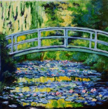 Bridge over flowered Waters - Landschaften Handgemaltes Ölgemälde ohne Rahmen