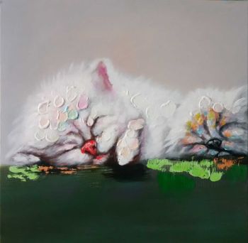 Dozing Kitty - Tiere Handgemaltes Ölgemälde ohne Rahmen