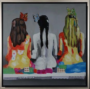 Three Girls in a Row - Portraits Handgemaltes Ölgemälde mit silbernem Rahmen