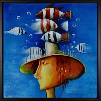 Fishes in my Head - Allgemein Handgemaltes Ölgemälde mit schwarzem Rahmen