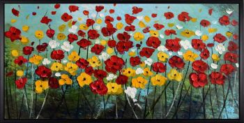 Flower Meadow - Natur-Schönheiten Handgemaltes Ölgemälde mit schwarzem Rahmen