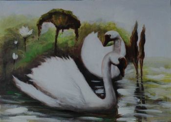 Swans in Lake - Tiere Handgemaltes Ölgemälde