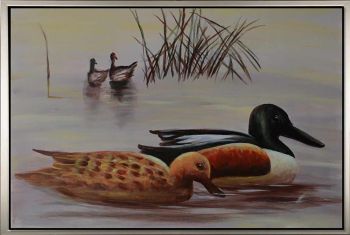 Ducks in Lake - Tiere Handgemaltes Ölgemälde mit silbernem Rahmen