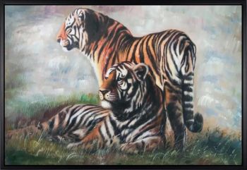 Magnificent Tigers - Tiere Handgemaltes Ölgemälde mit schwarzem Rahmen