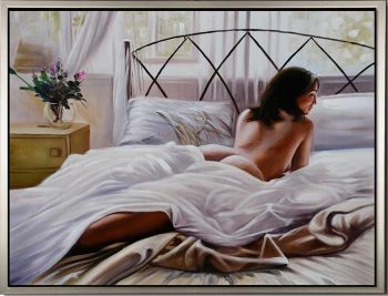 Lady in Bed - Portraits Handgemaltes Ölgemälde mit silbernem Rahmen