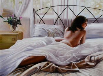 Lady in Bed - Portraits Handgemaltes Ölgemälde ohne Rahmen