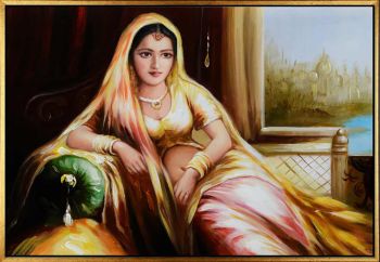 Indian Maharani - Portraits Handgemaltes Ölgemälde mit goldenem Rahmen