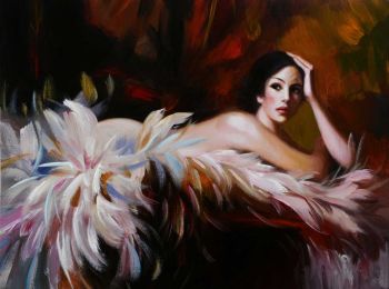 Lady in Feathers - Portraits Handgemaltes Ölgemälde ohne Rahmen