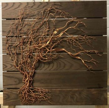 Kunst-Skulptur - All In Me - Kupferdrahtbaum auf Holz - Wiretree-Wanddekoration 